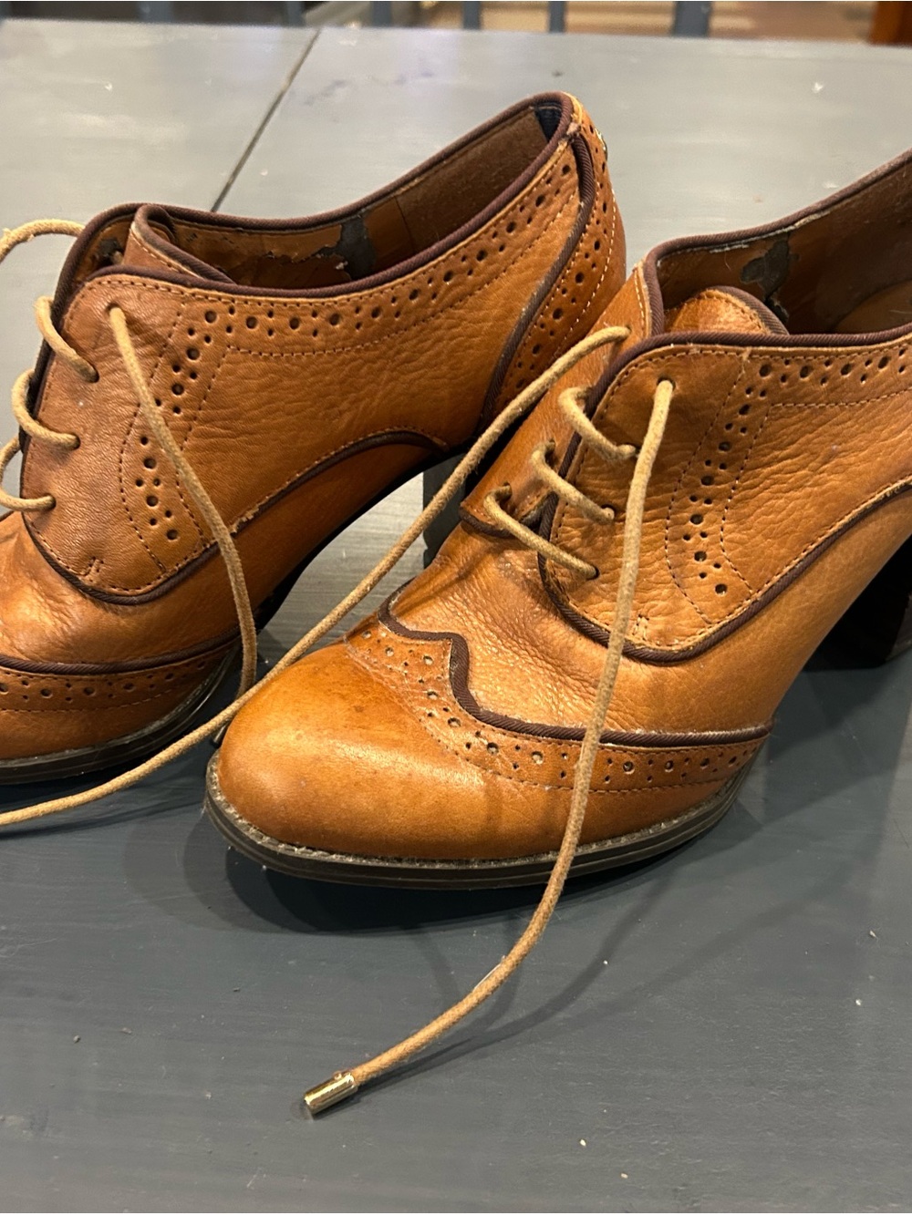 Tommy Hilfiger Cognac Leather Wingtip Lace-Up Heels